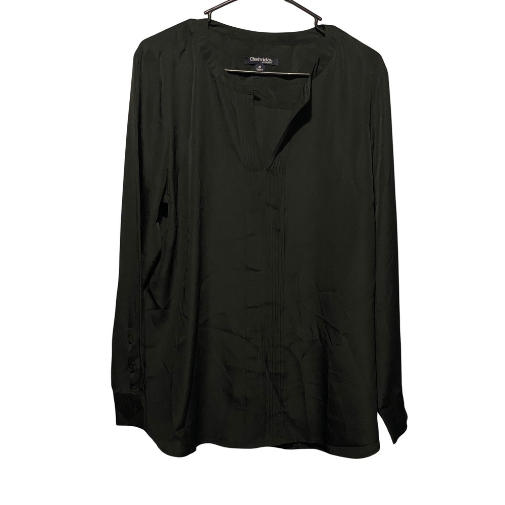 Chadwicks of Boston Womens XL Black Pintuck Split‎ Neck Long Sleeve Blouse Top